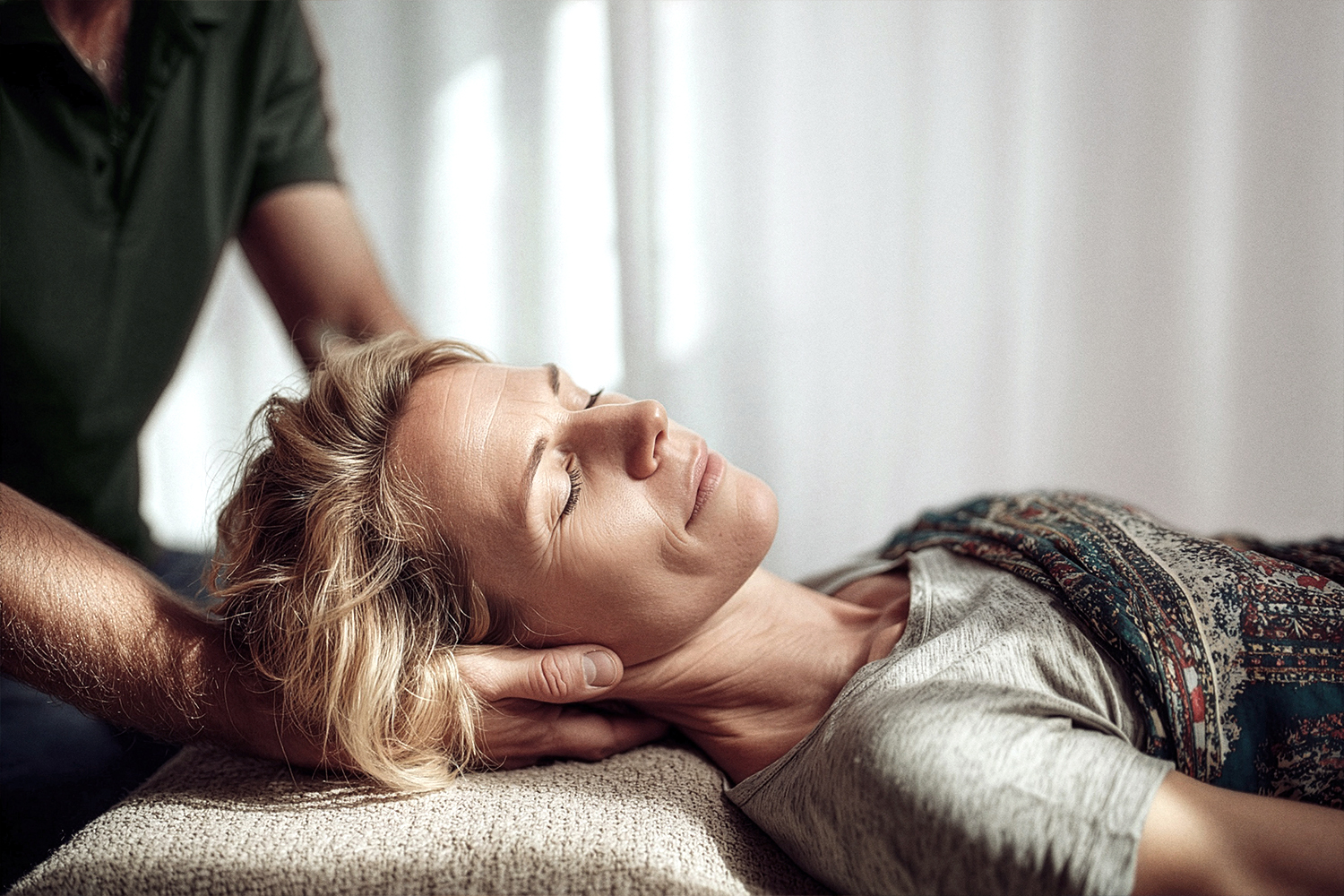Osteopath stützt sanft den Hinterkopf der Patientin, während sie entspannt auf dem Rücken liegt, um subtile Spannungsmuster im craniosakralen System zu lösen.